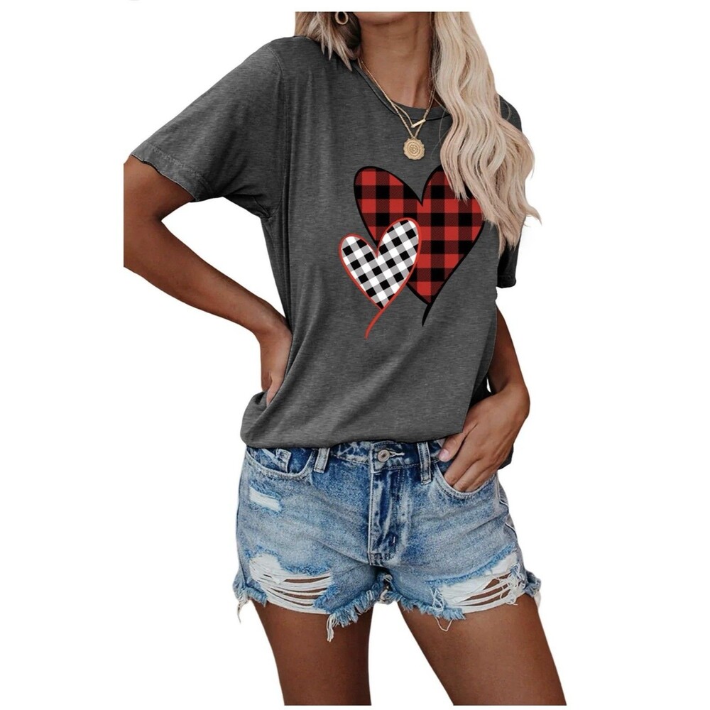 XCHQRTI , Love Heart Women’s Gray T Shirt With Valentine Hearts Size 2 XL